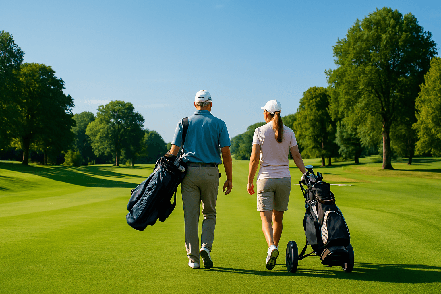 Man and woman walking on a scenic golf course